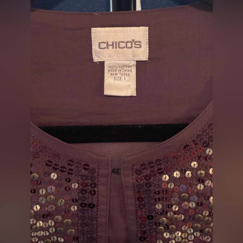 Cotton Dark Brown Poncho w/ Copper and Gold Sequin Neck and Sleeve Cuffs: Sz 1 - Picture 5 of 11